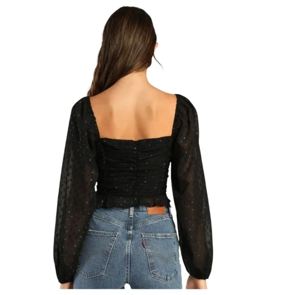Lulu's Totally Charmed Black Ruched Clip Dot Balloon Sleeve Top Size Small - Picture 2 of 8